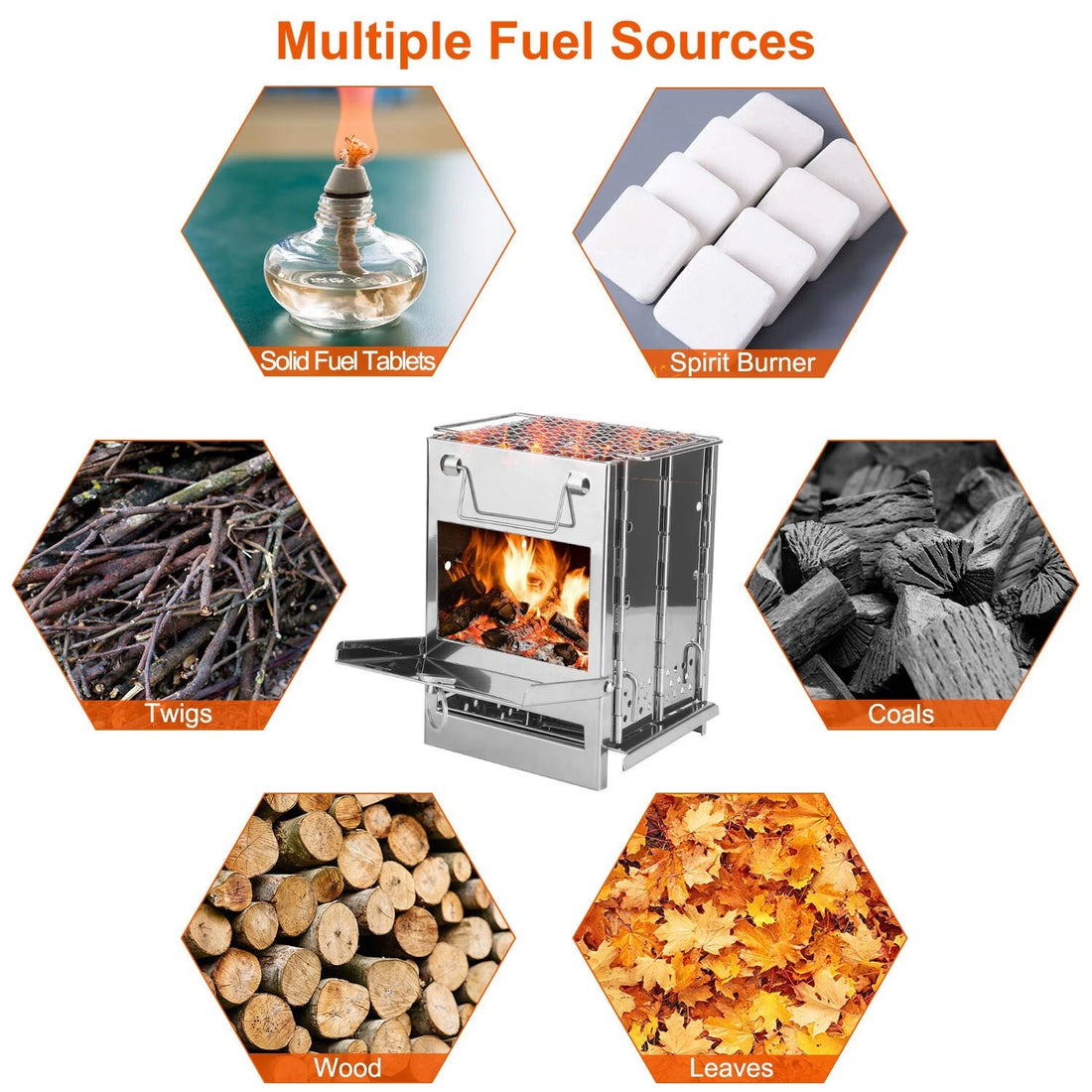 Various fuel sources for a stove including solid fuel tablets, spirit burner, twigs, coals, wood, and leaves.