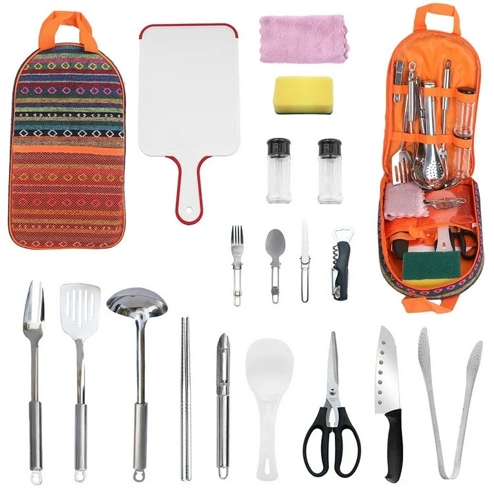 Open travel organizer showing strapped utensils and sleeves for seasoning bottles