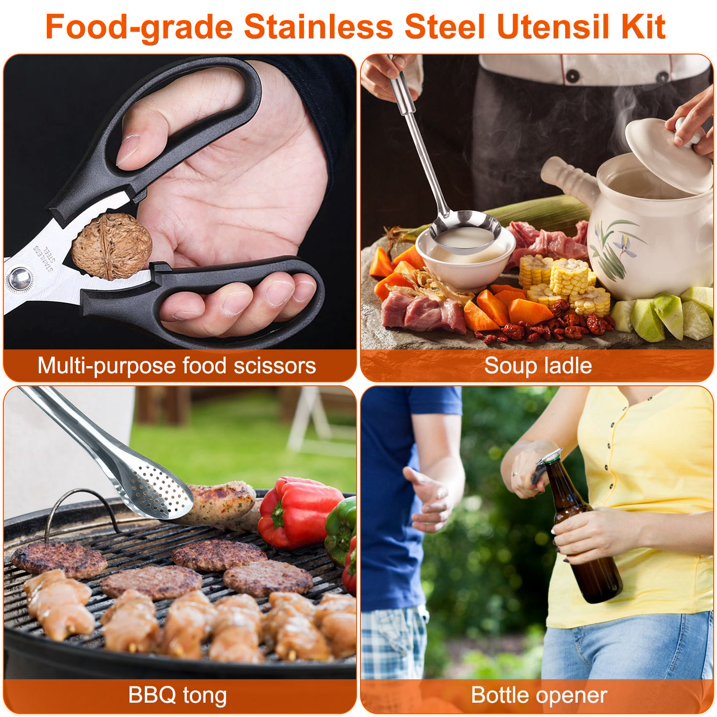 Food-grade stainless steel utensil kit with multi-purpose food scissors, soup ladle, BBQ tong, and bottle opener.