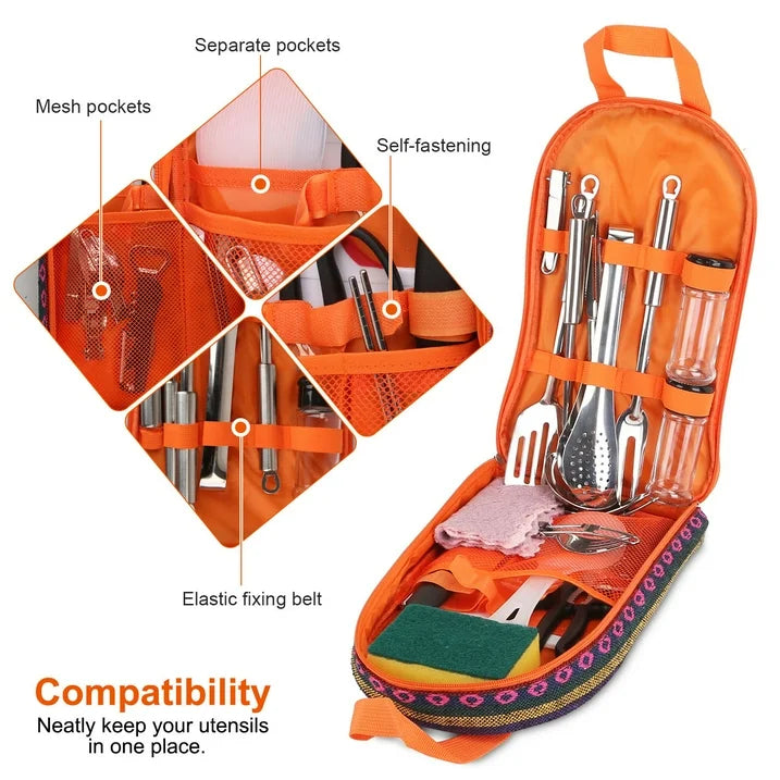 Orange carrying case with utensils and features highlighted on a white background