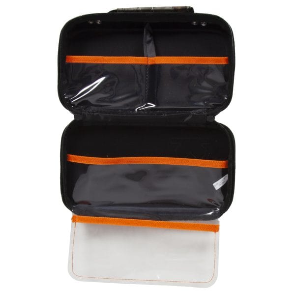 Black toiletry bag with orange accents on a white background