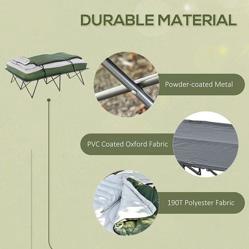 Two-person camping tent cot set in a campsite scene for elevated, dry sleep off the ground