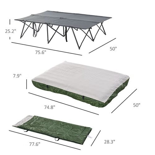 Folding steel frame of the double tent cot showing quick-setup cross-legs and compact transport size