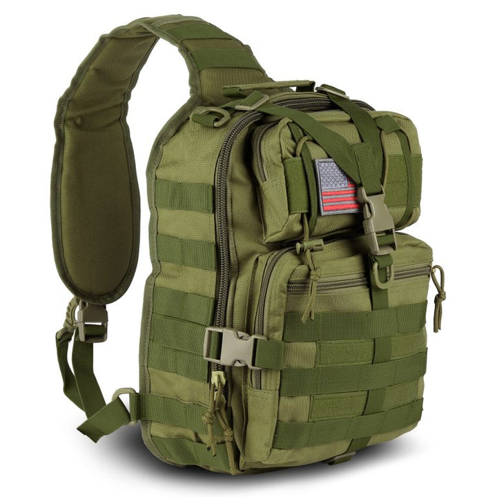 Army green pistol range sling backpack with MOLLE and quick-release strap; compact concealed-carry shoulder bag – 14L