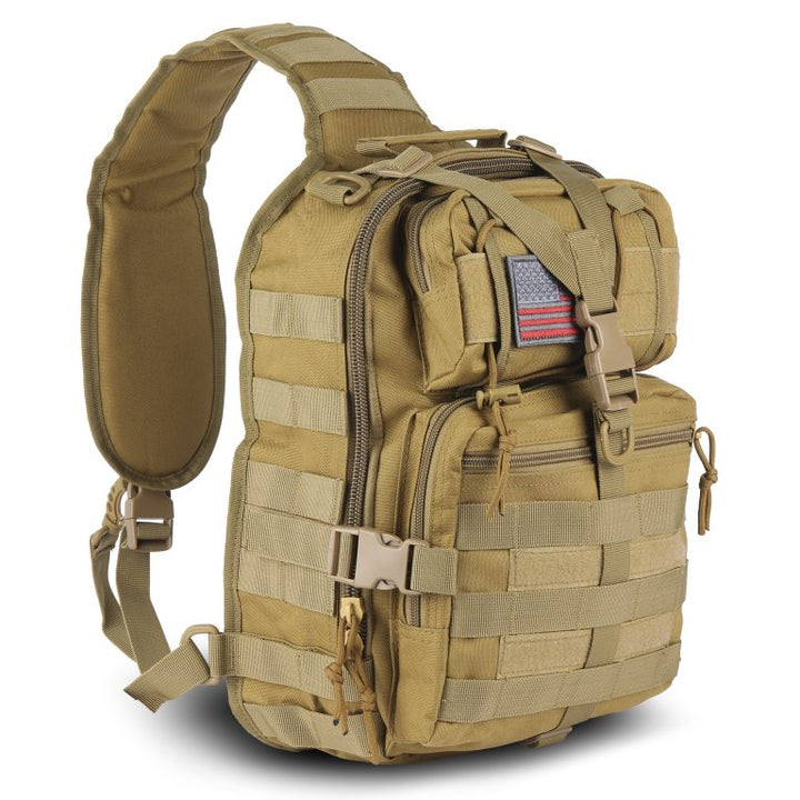 Coyote tan tactical sling bag for handgun range use with front pockets and padded back pocket; adjustable strap – 14L