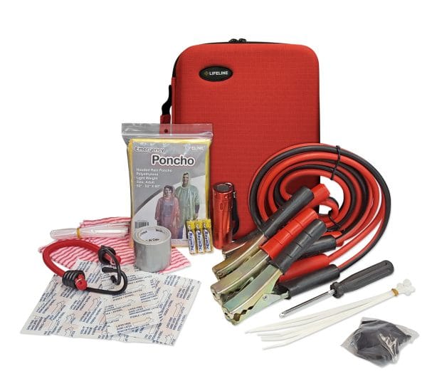 Emergency Roadside Kit 35-Piece with hard-shell case, jumper cables, flashlight, poncho, duct tape, and essentials.