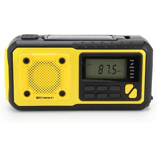 Emerson ER-7051 yellow/black emergency radio with AM/FM/NOAA bands, LCD display and flashlight
