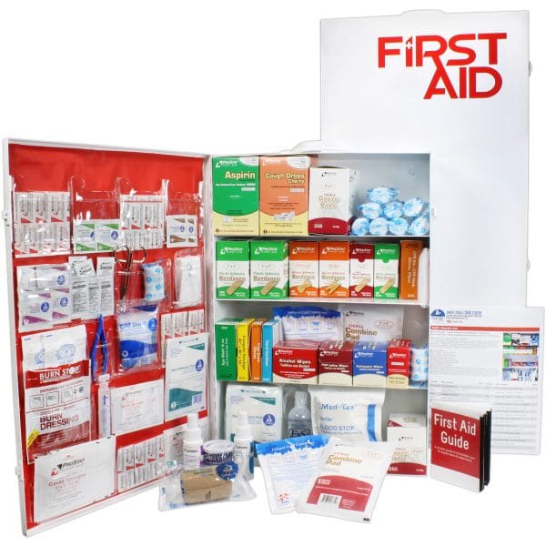 Open 4-shelf ANSI A first aid cabinet showing organized 1,091-piece contents