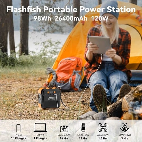 Integrated LED flashlight on the Flashfish portable power station with Read and SOS lighting modes