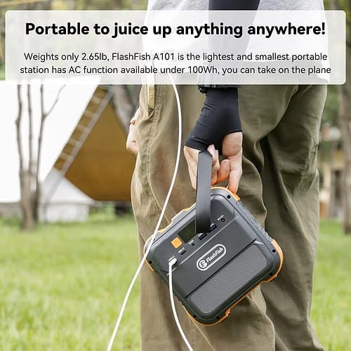 Close-up showing AC outlet, dual USB-C, dual USB-A, DC output and status screen on Flashfish 98Wh power station