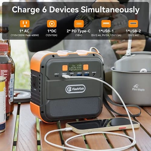 Flashfish 98Wh power station connected to a solar panel for off-grid recharging (panel sold separately)