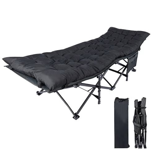 Folding camping cot with padded sleeping surface, steel frame and side pocket for comfortable nights outdoors
