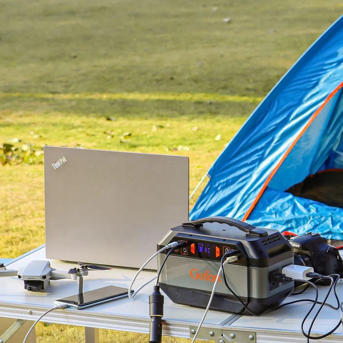 GOFORT solar generator kit powering campsite devices off-grid