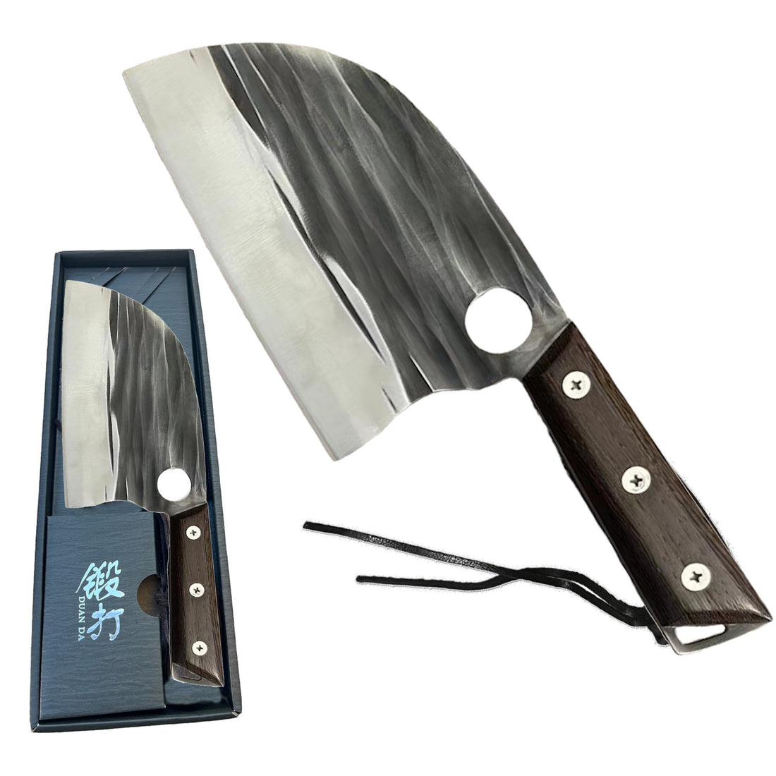 12.5 inch hand-forged 1080 carbon steel butcher cleaver with brown Pakka wood handle and storage box