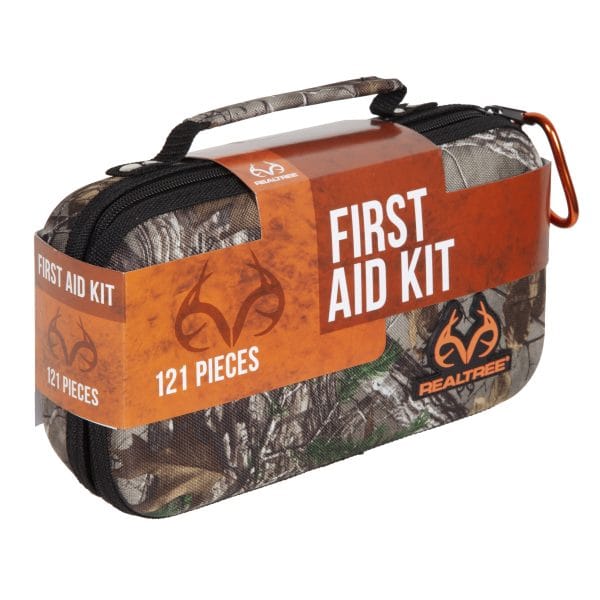 First aid kit with Realtree logo on an orange and camouflage patterned case.