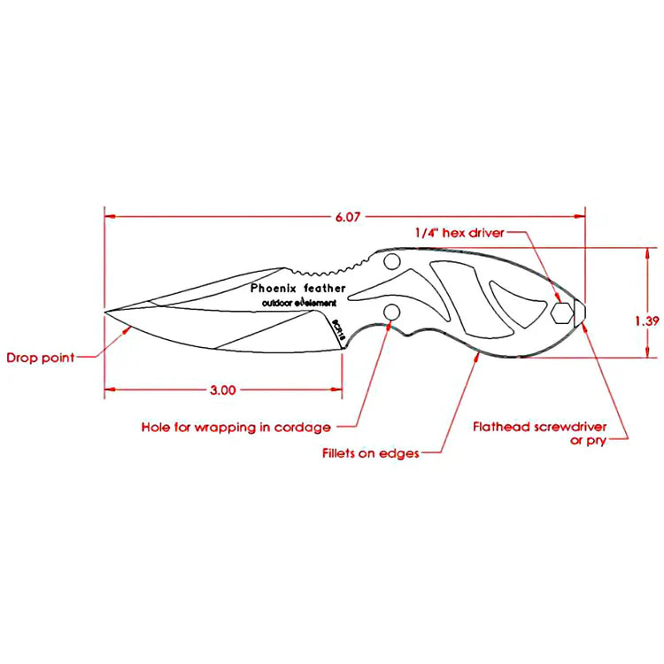 Technical drawing of a knife with labeled measurements on a white background