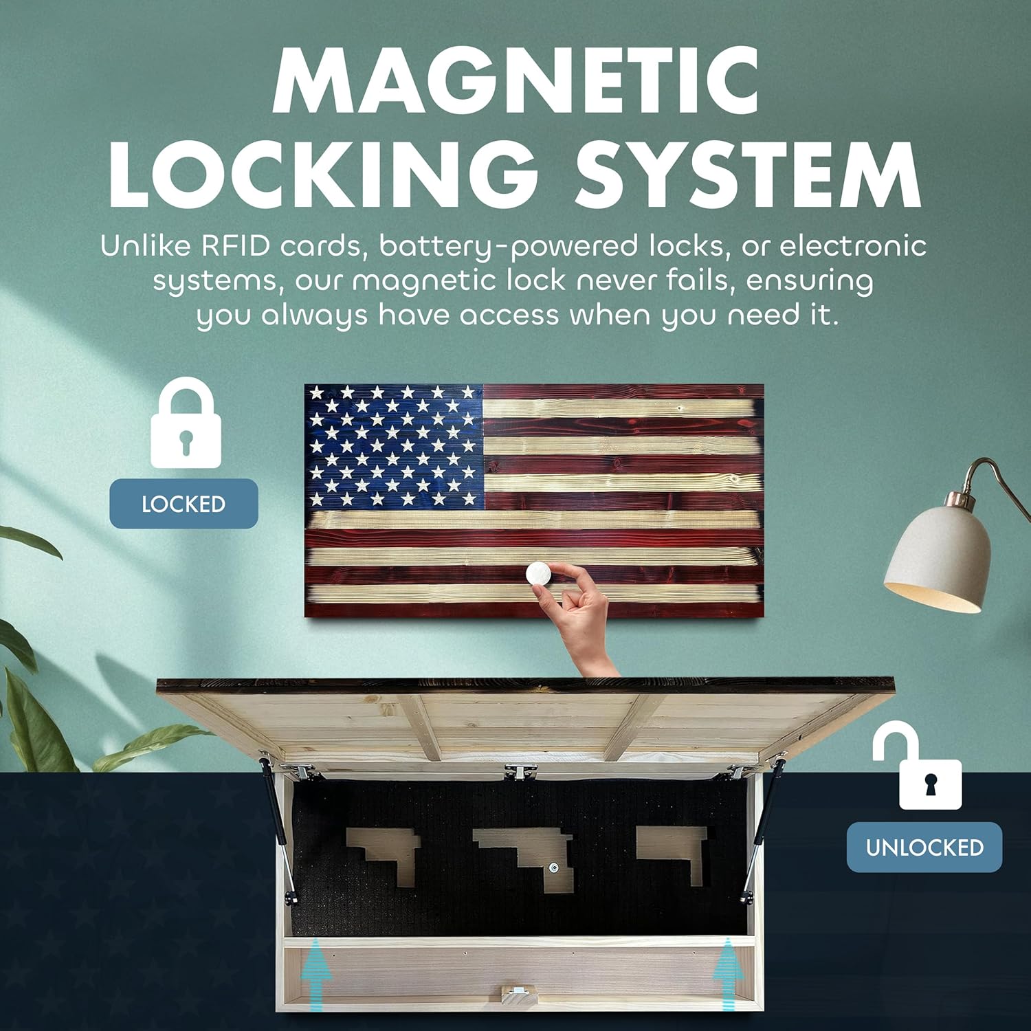 Large American Flag Hidden Gun Safe with Magnetic Lock (Red and Blue)