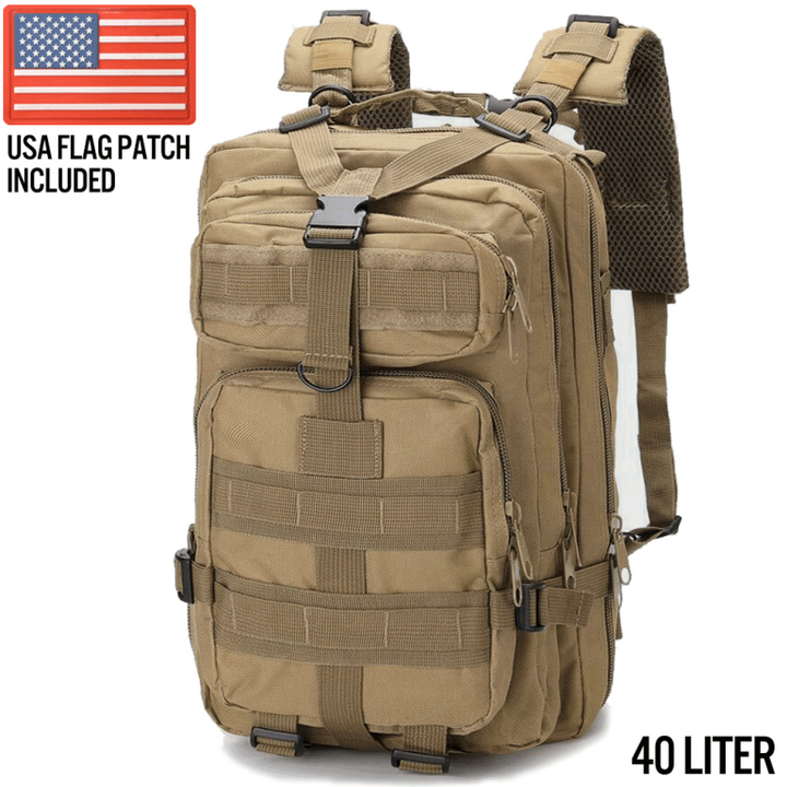 MOLLE tactical backpack in Coyote Tan with multiple compartments and side compression straps – 40L