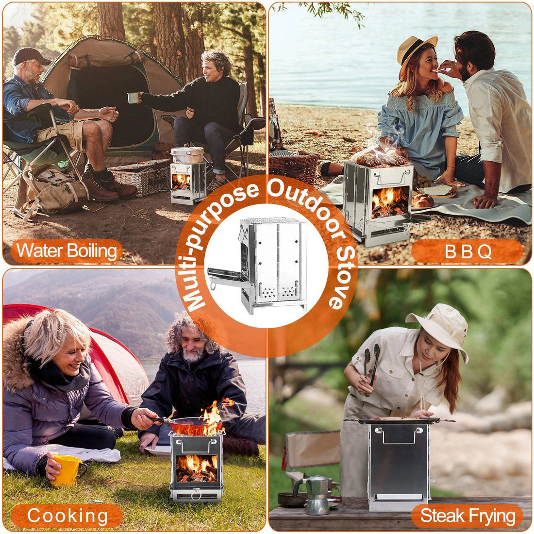 multi-fuel camping stove assembled with side feed tray and air vents