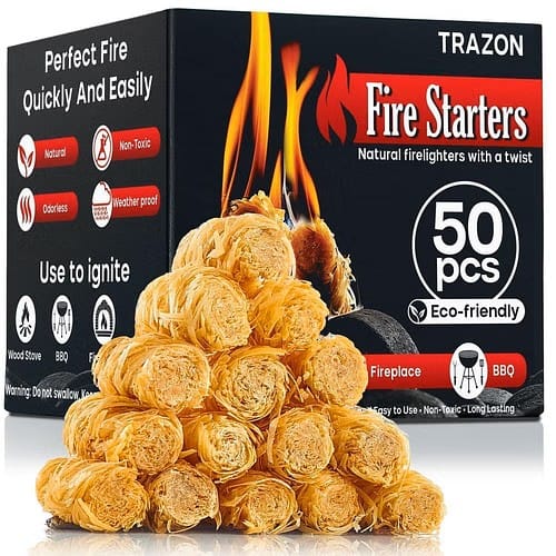 Box of 50 natural waxed wood-shaving fire starters stacked for fireplaces, grills, stoves and fire pits