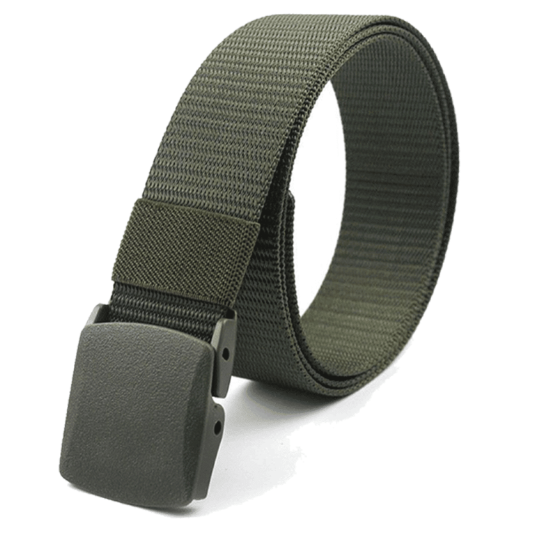 Army green (OD) nylon webbing belt with plastic slide-release buckle for everyday carry and field work