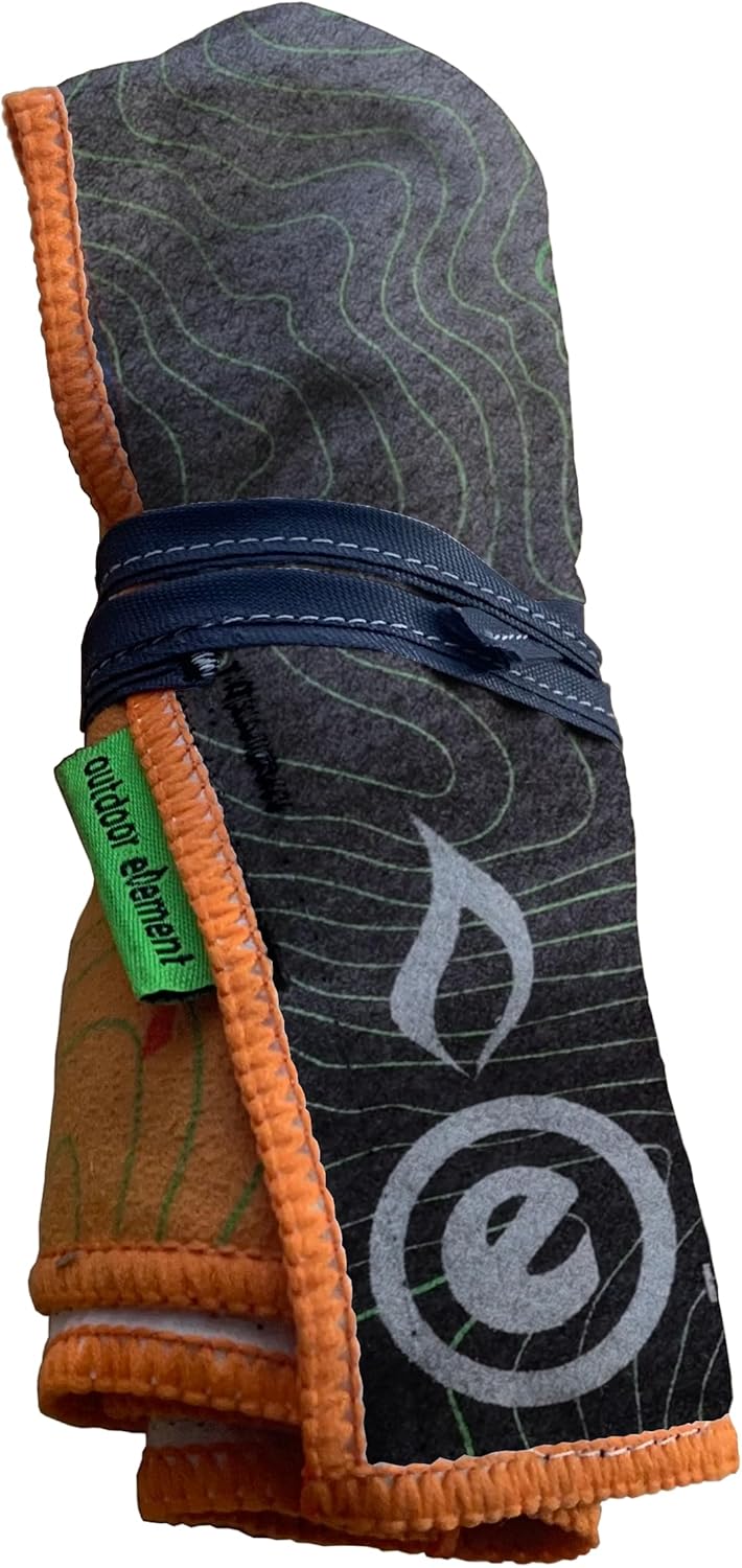 Folded towel with orange border and blue strap on a white background