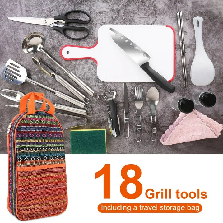 Camp cooking utensils in use at campsite grill and picnic table