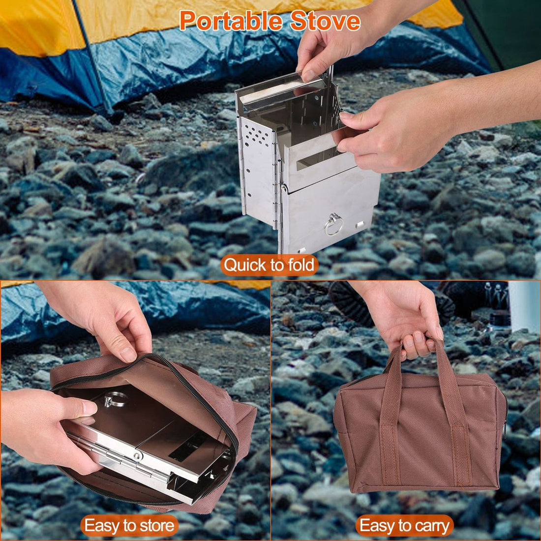Collage of a portable stove being folded, stored, and carried with a camping background.
