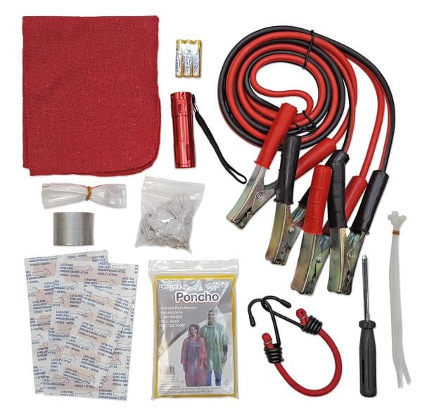 Contents layout of 35-piece Emergency Roadside Kit including 8’ 10-gauge booster cables, LED flashlight, gloves, tape, ties, and bandages.