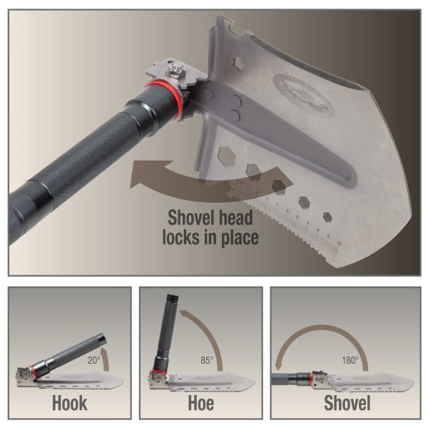 Multifunctional tool with shovel head, hook, and hoe attachments on a gray background.