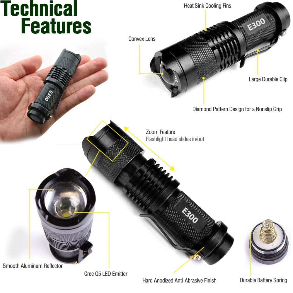 EDC Tactical Flashlight – Zoomable LED with Strobe (E300) - BSG
