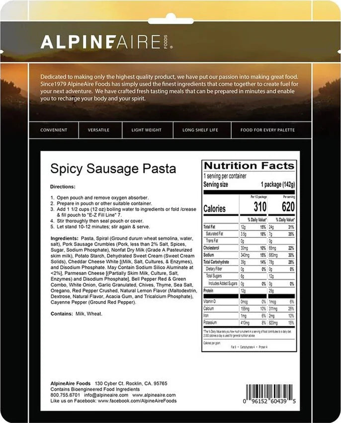 Case of 12 Spicy Sausage Pasta camping meals – 24 servings total