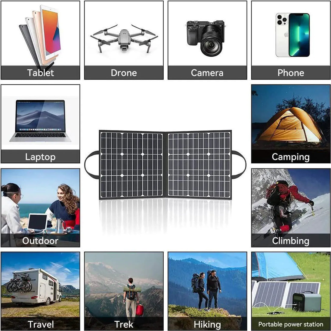 Solar panel with images of electronic devices, outdoor activities, and camping scenarios.