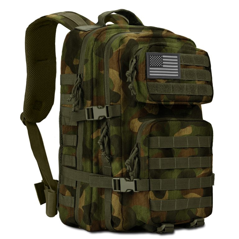 Jungle camouflage MOLLE tactical backpack with front and side webbing for pouches – 45L