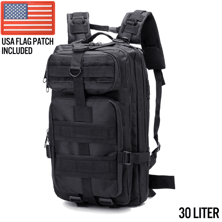 Small tactical backpack in black with MOLLE webbing, compression straps and USA flag patch – 30L