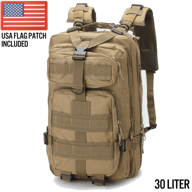 Small tactical backpack in coyote tan with MOLLE, side compression and gear loops – 30L