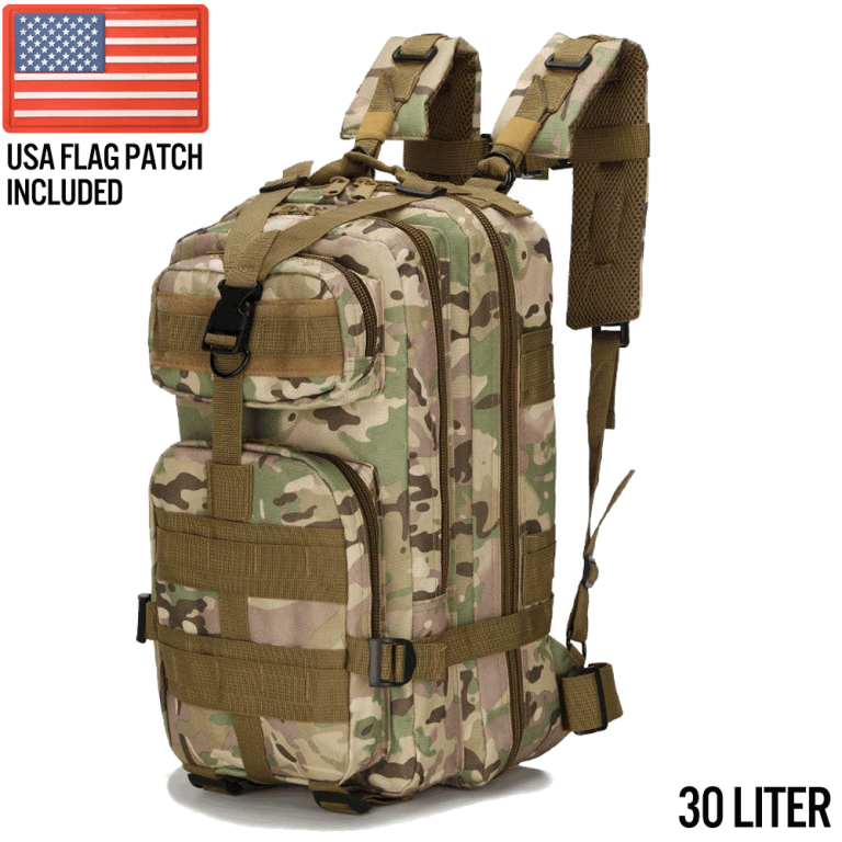 Compact MOLLE assault daypack in desert camo; USA flag patch included – 30L