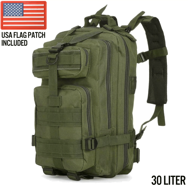 Small tactical backpack in OD green for hiking, camping and bug-out; MOLLE and hydration sleeve – 30L