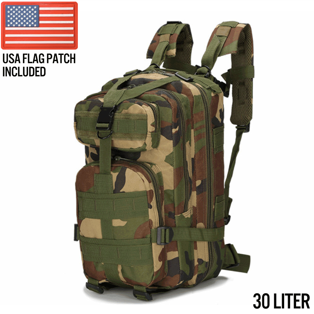 Small MOLLE bug-out daypack in woodland camo with hydration sleeve – 30L