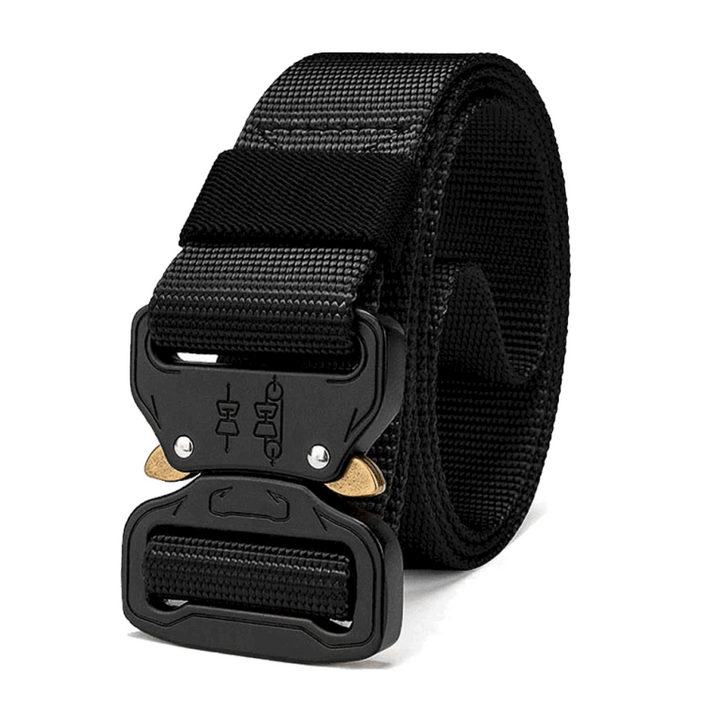 Black 1.5-inch 1000D nylon tactical belt with quick-release zinc-alloy buckle; adjustable to ~46 inch waist