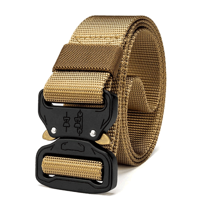 Coyote tan tactical nylon belt with metal quick-release buckle for range, work and outdoor use