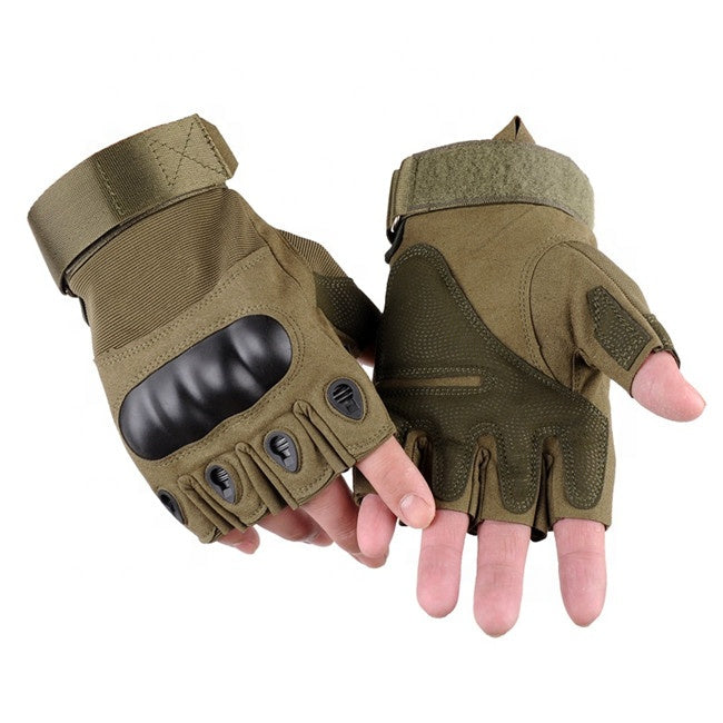 Army green hard-knuckle fingerless tactical gloves with breathable shell and secure strap
