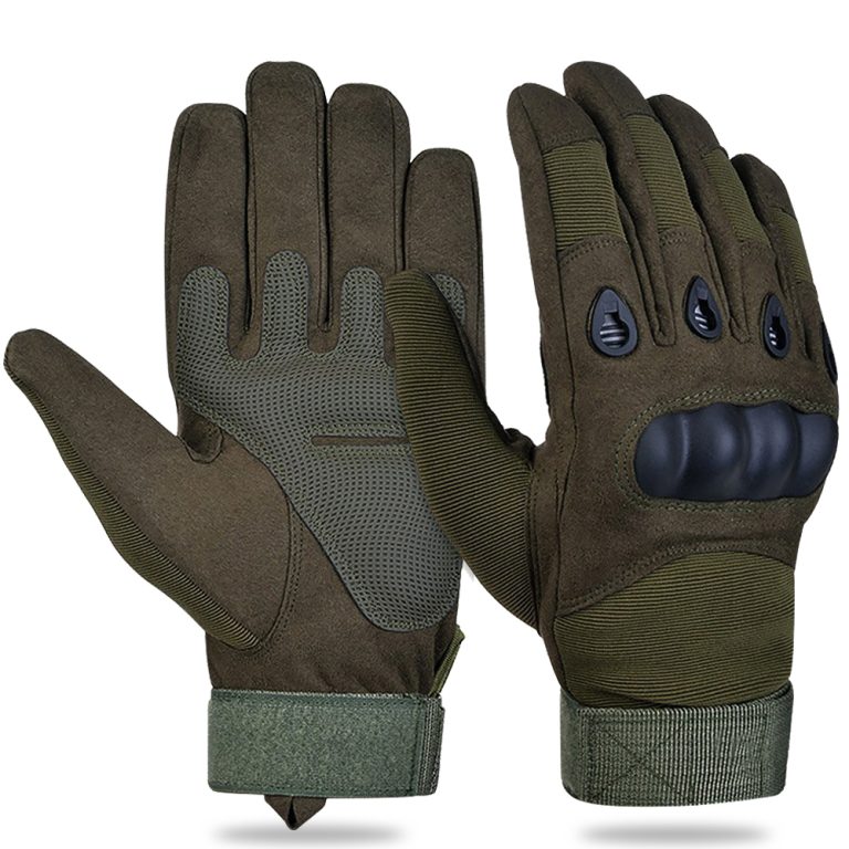 Army green hard-knuckle tactical gloves with breathable shell and adjustable strap for self-defense and outdoor use