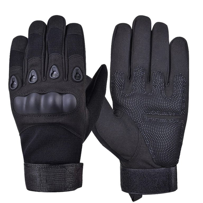 Black tactical hard-knuckle gloves with full-finger coverage, impact protection and secure hook-and-loop wrist closure