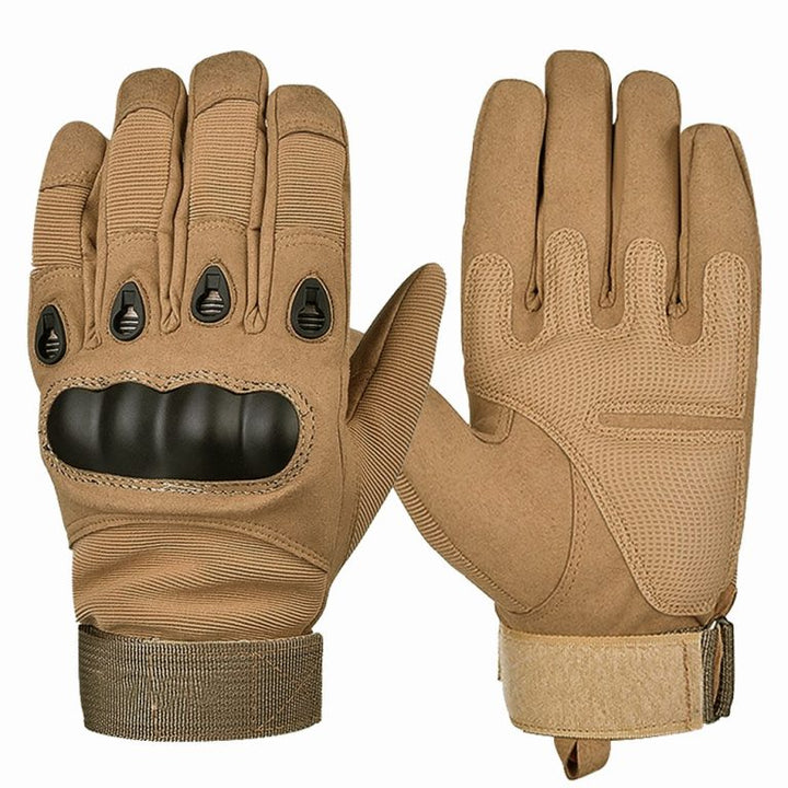 Khaki full-finger tactical gloves with reinforced knuckles and grippy palm for range days, riding and hunting