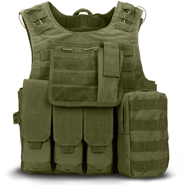 Army green MOLLE plate carrier with adjustable cummerbund and pouches; accepts 8×10 or 10×12 training plates