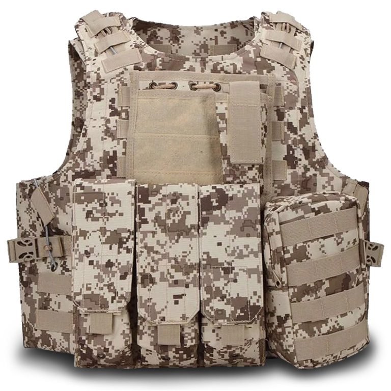 Desert digital camo plate carrier with admin flap and mag pouches; MOLLE expansion; quick-release buckles, non-ballistic