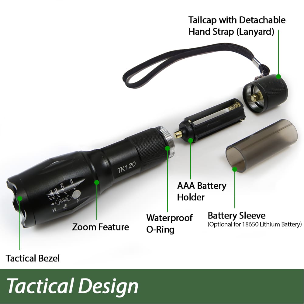 TK120 LED Tactical Flashlight – Zoomable, 5 Modes with Strobe & SOS - BSG