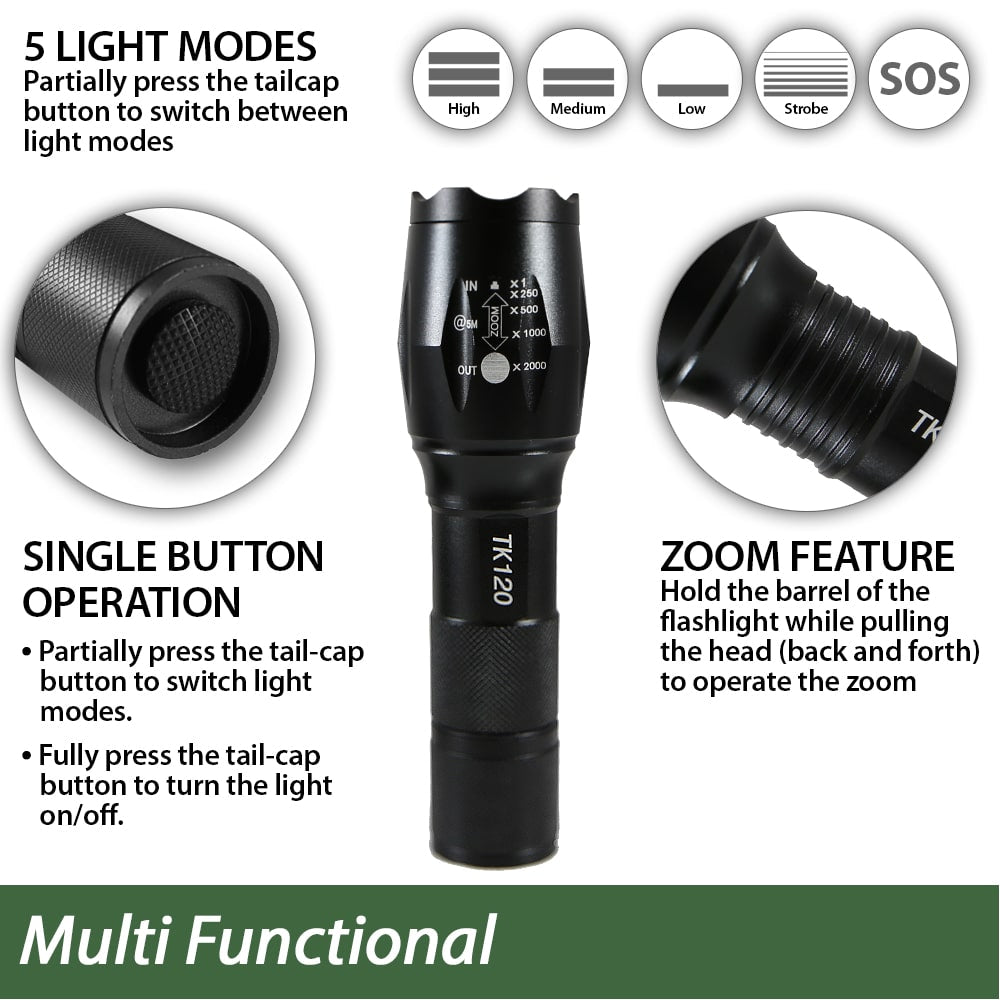 TK120 LED Tactical Flashlight – Zoomable, 5 Modes with Strobe & SOS - BSG
