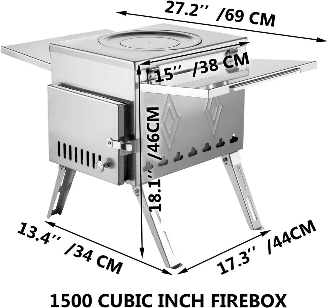 Stainless steel camping stove with dimensions labeled on a white background